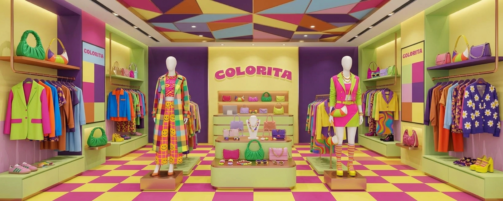 מוקאפ חנות COLORITA מבפנים עם תקרה גאומטרית, רצפה צבעונית ובגדים נועזים